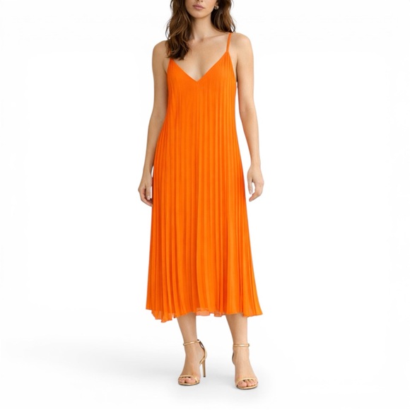 Essentiel Antwerp Orange Pleated Midi Slip Dress Women’s Size 6 Spaghetti Strap
